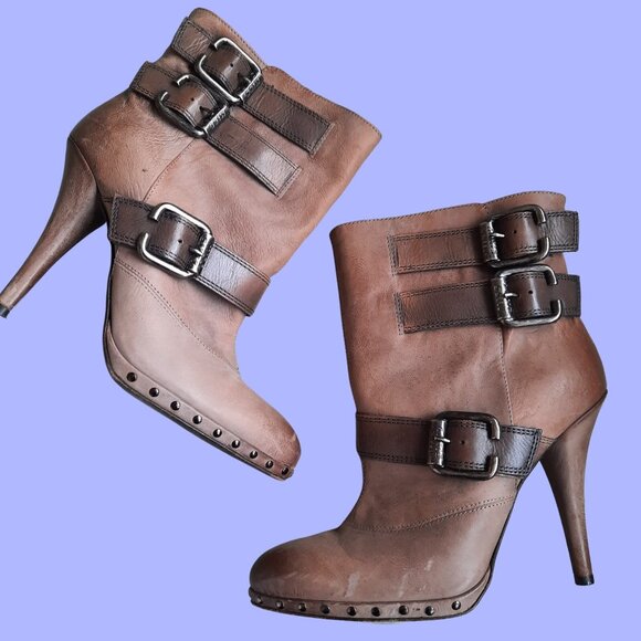 Miss Sixty Ankle Boots Heels 38 Size 7.5 Brown Distressed Leather Studded Buckle - Picture 3 of 9